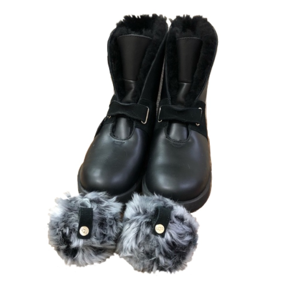 UGG Isley Black Waterproof Leather Pom Pom Boots, Size 6 - Picture 10 of 15